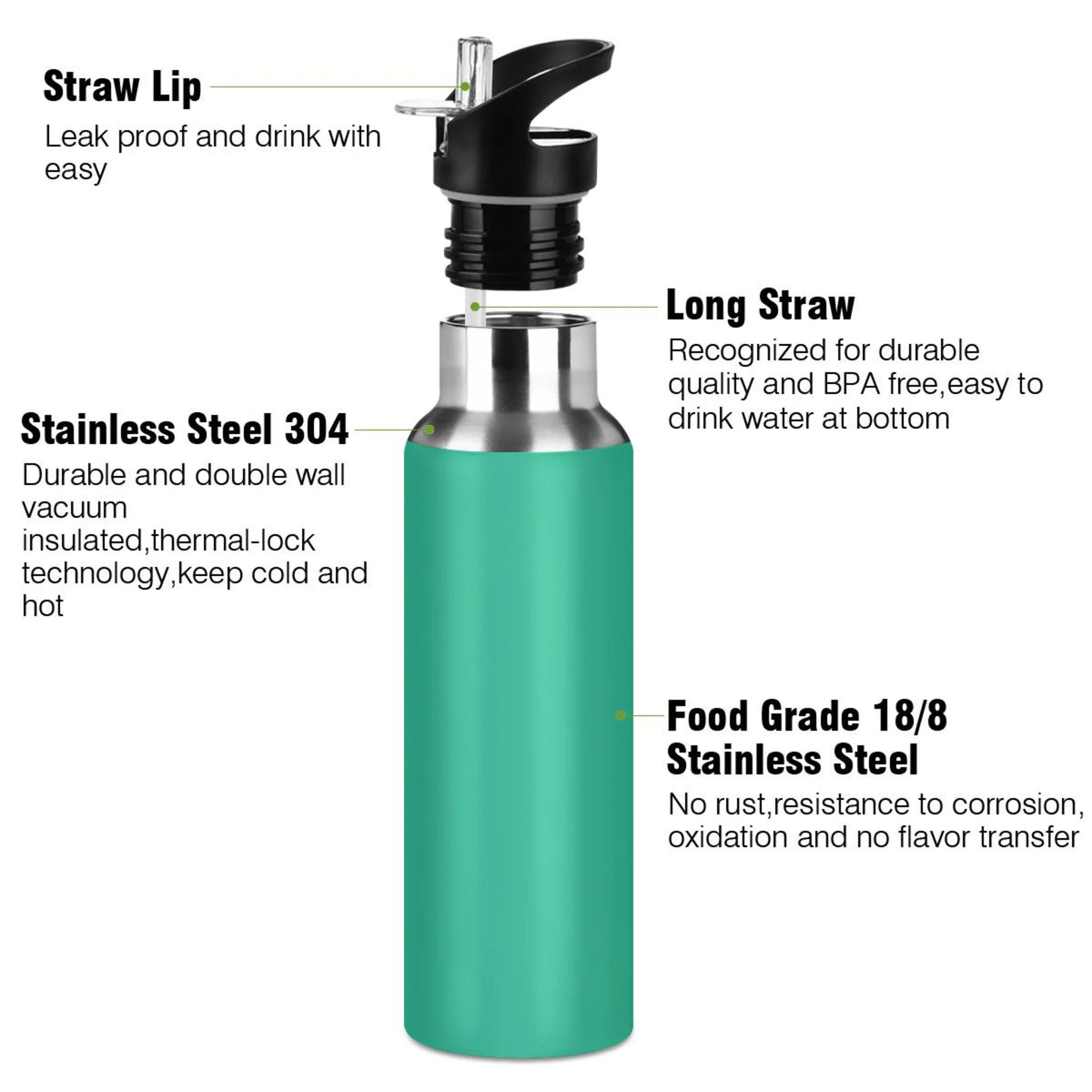 Green Solid 20 OZ Stainless Steel Vacuum Insulated Water Bottle with Straw Lid J545332
