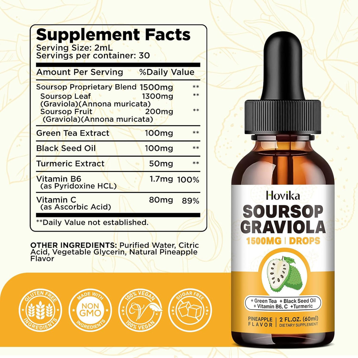 Soursop Graviola Liquid Drops 1500mg with Green Tea, Black Seed Oil, Turmeric 2 Fl Oz O201