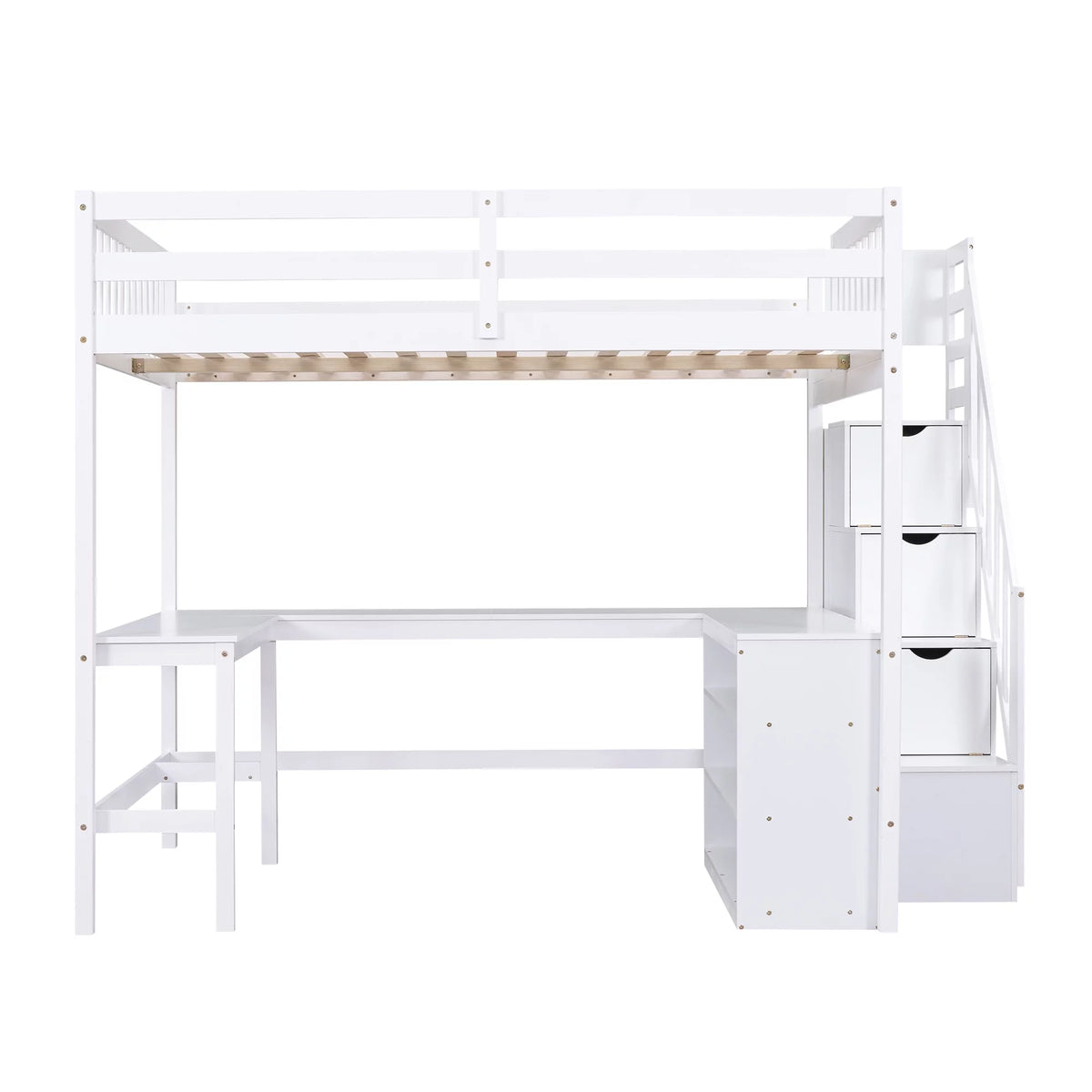 White Wood Full Size Loft Bed with Desk and Storage Staircase L5927