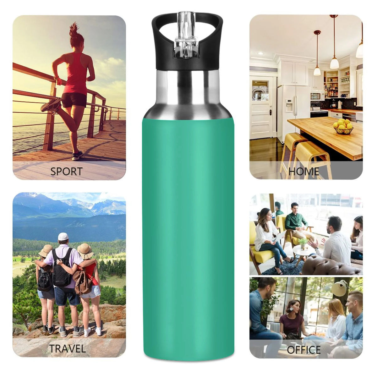 Green Solid 20 OZ Stainless Steel Vacuum Insulated Water Bottle with Straw Lid J545332