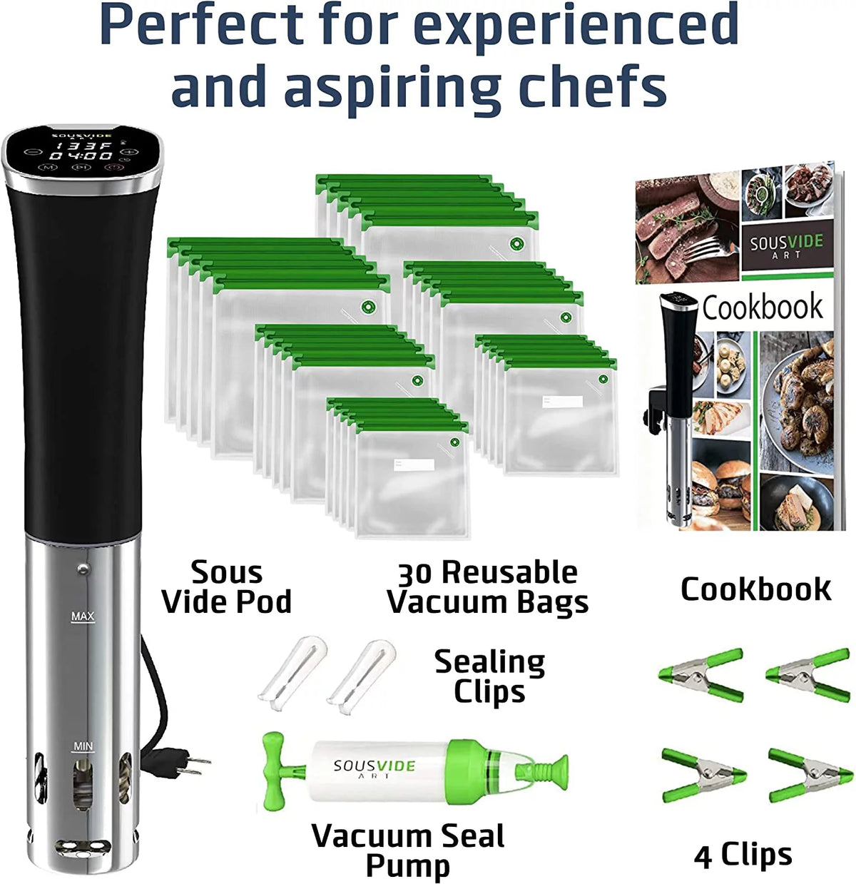Sous Vide Machine 800W with Digital Timer, 30 Bags, Clips, Vacuum Pump, Cookbook J182