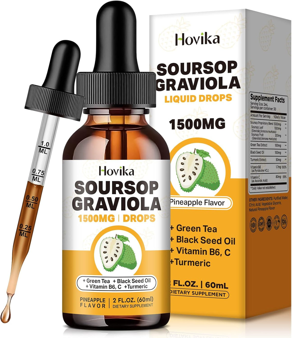 Soursop Graviola Liquid Drops 1500mg with Green Tea, Black Seed Oil, Turmeric 2 Fl Oz O201