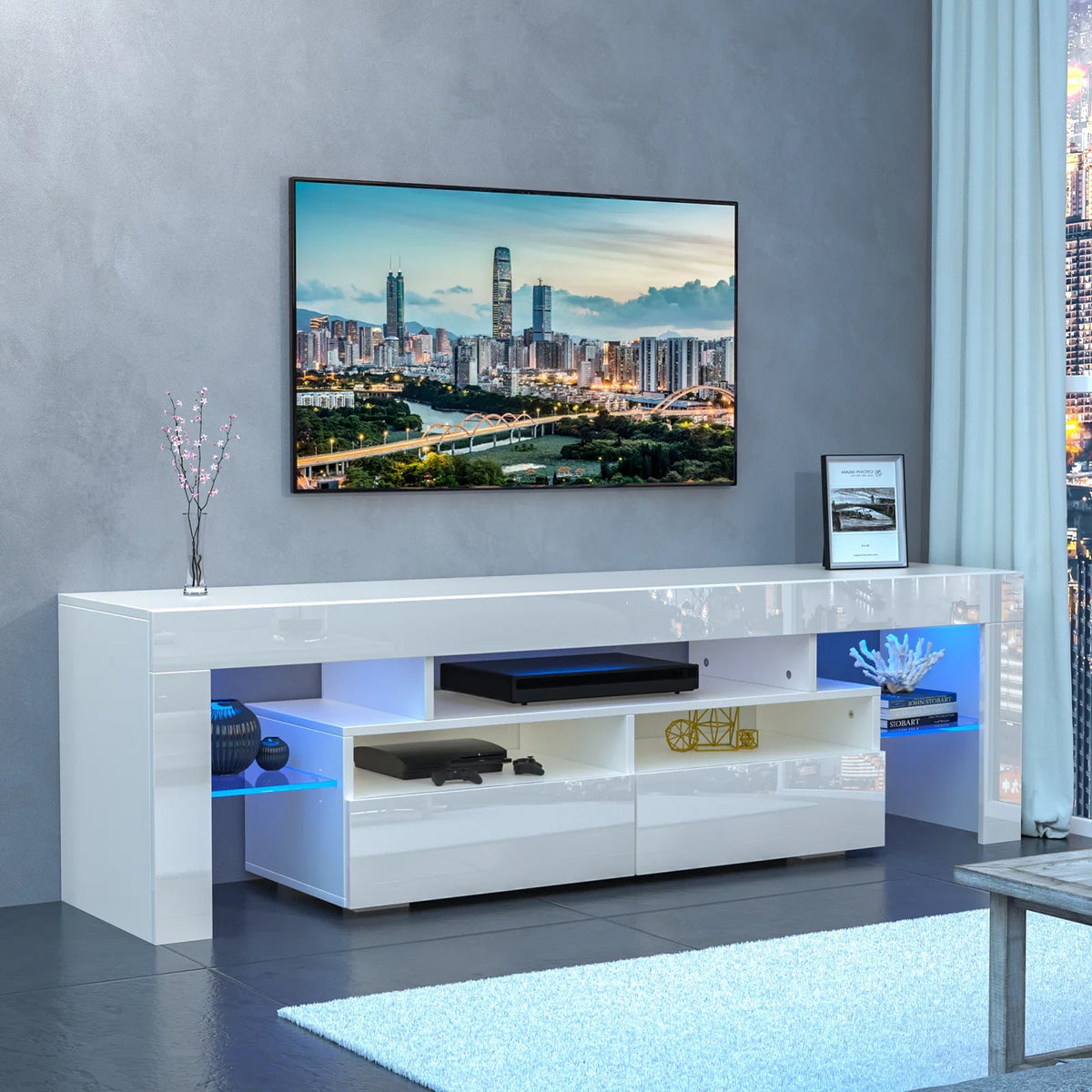 Black LED Light TV Stand with Drawer and Glass Shelf T391057