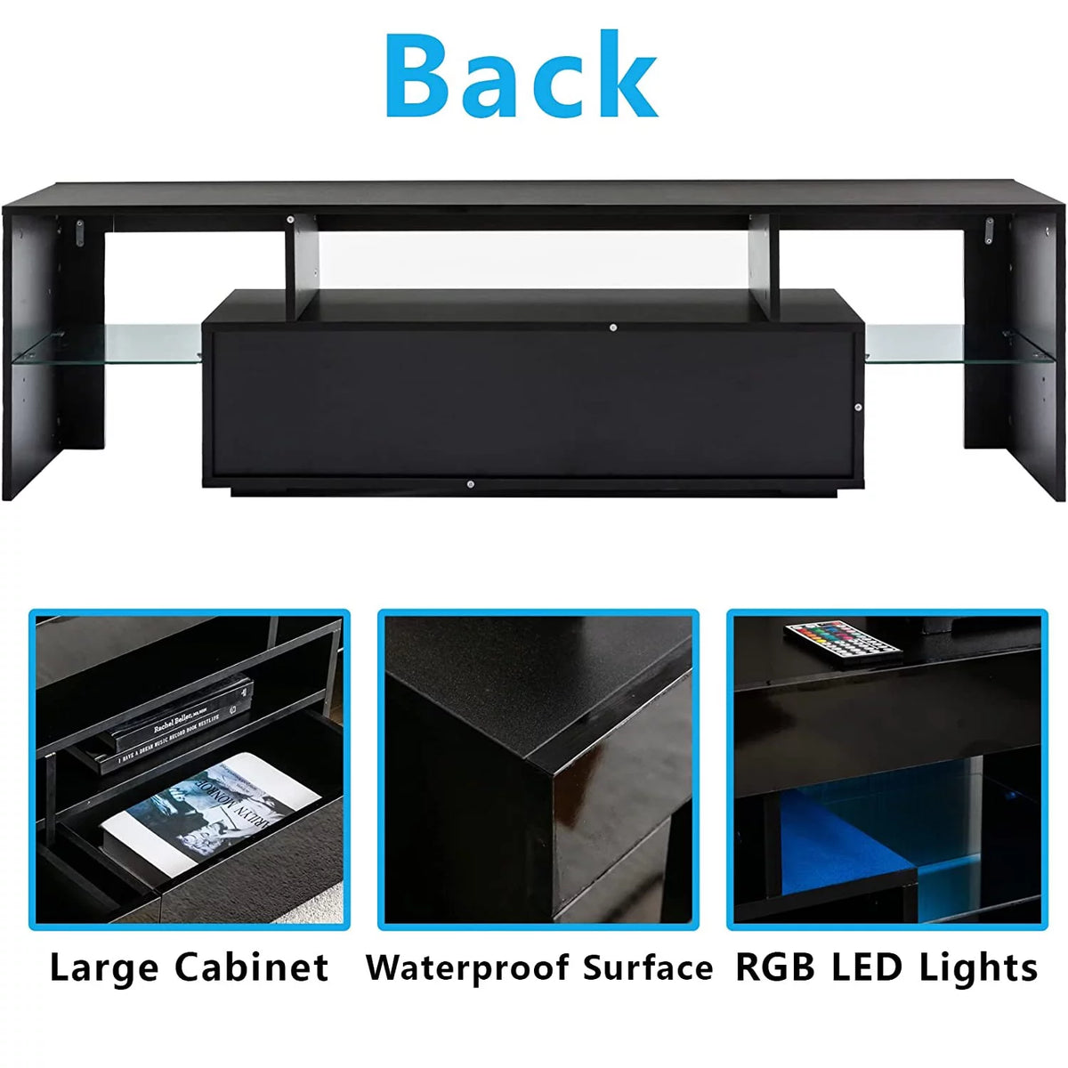 Black LED Light TV Stand with Drawer and Glass Shelf T391057
