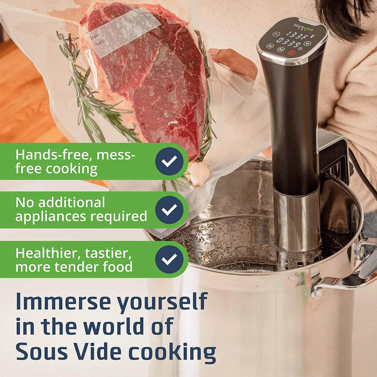 Sous Vide Machine 800W with Digital Timer, 30 Bags, Clips, Vacuum Pump, Cookbook J182