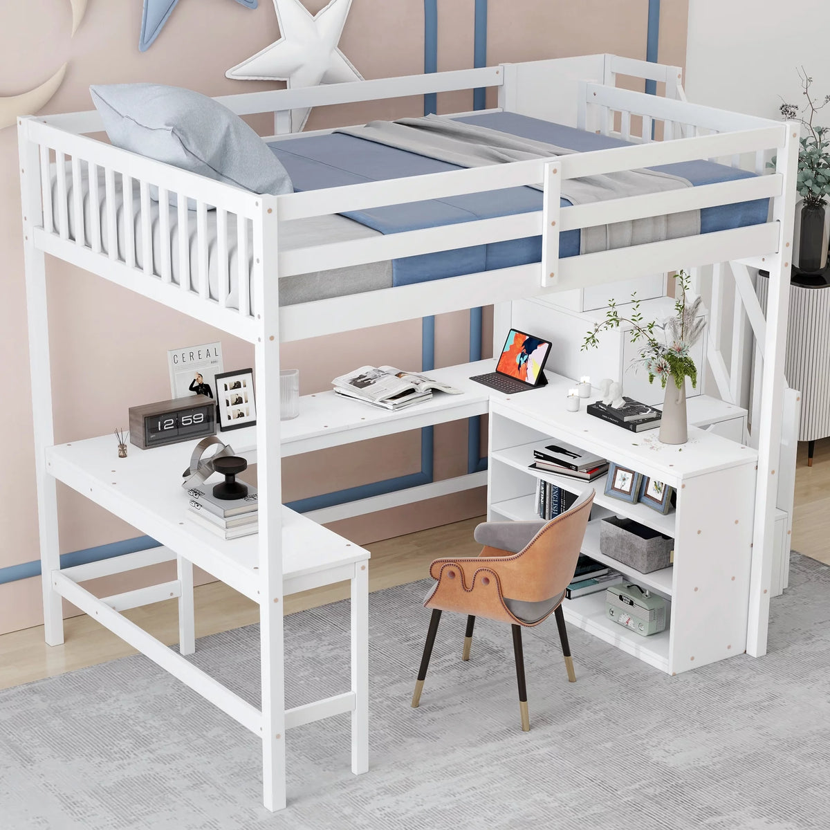 White Wood Full Size Loft Bed with Desk and Storage Staircase L5927