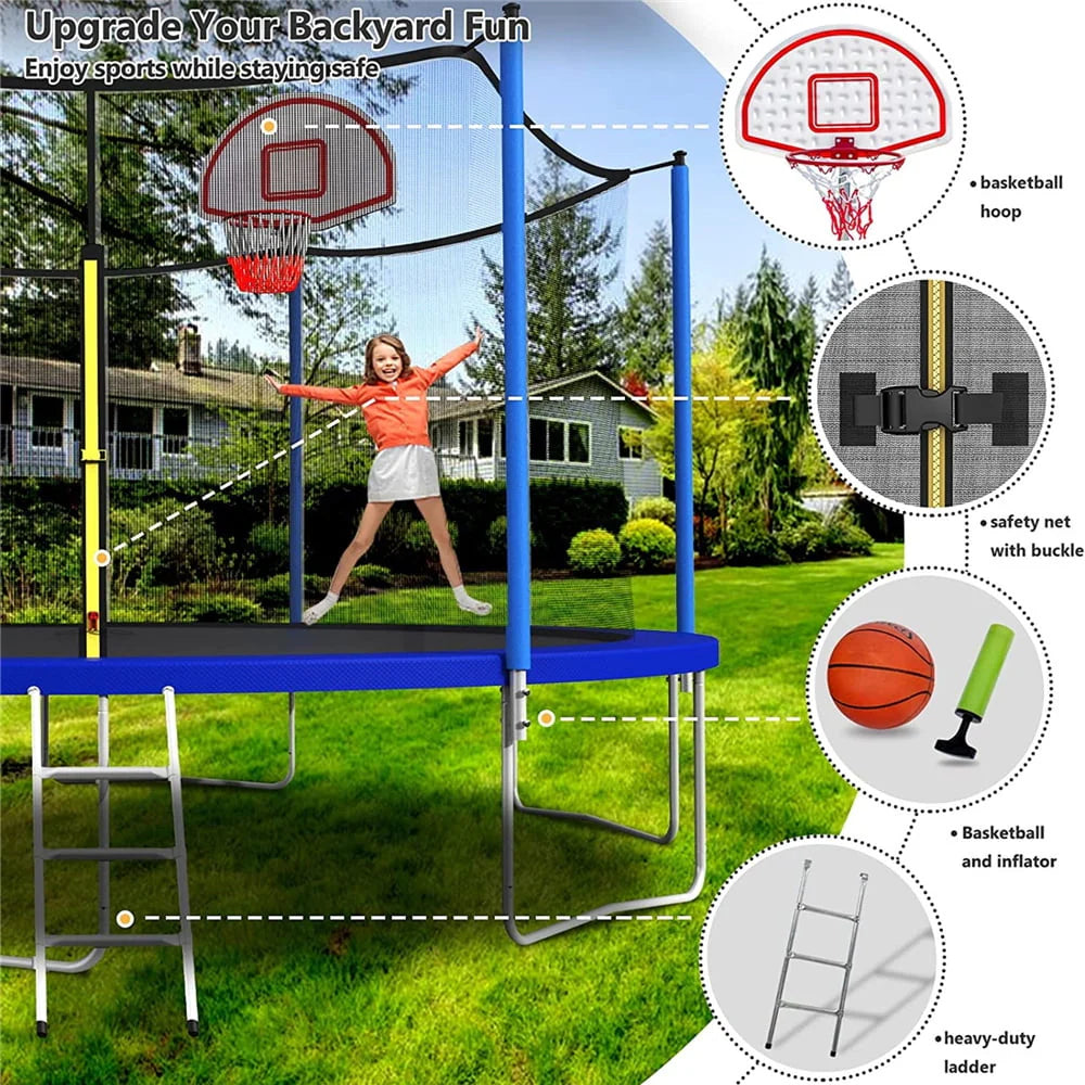 16 FT Outdoor Trampoline with Basketball Hoop and Safety Enclosure Net A5774