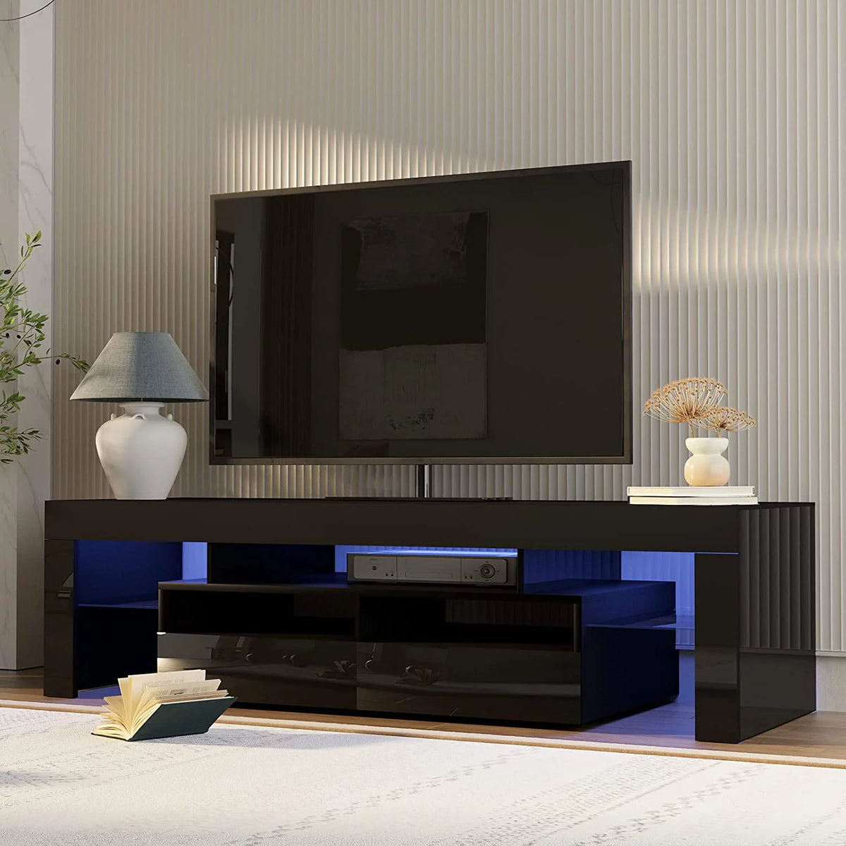 Black LED Light TV Stand with Drawer and Glass Shelf T391057