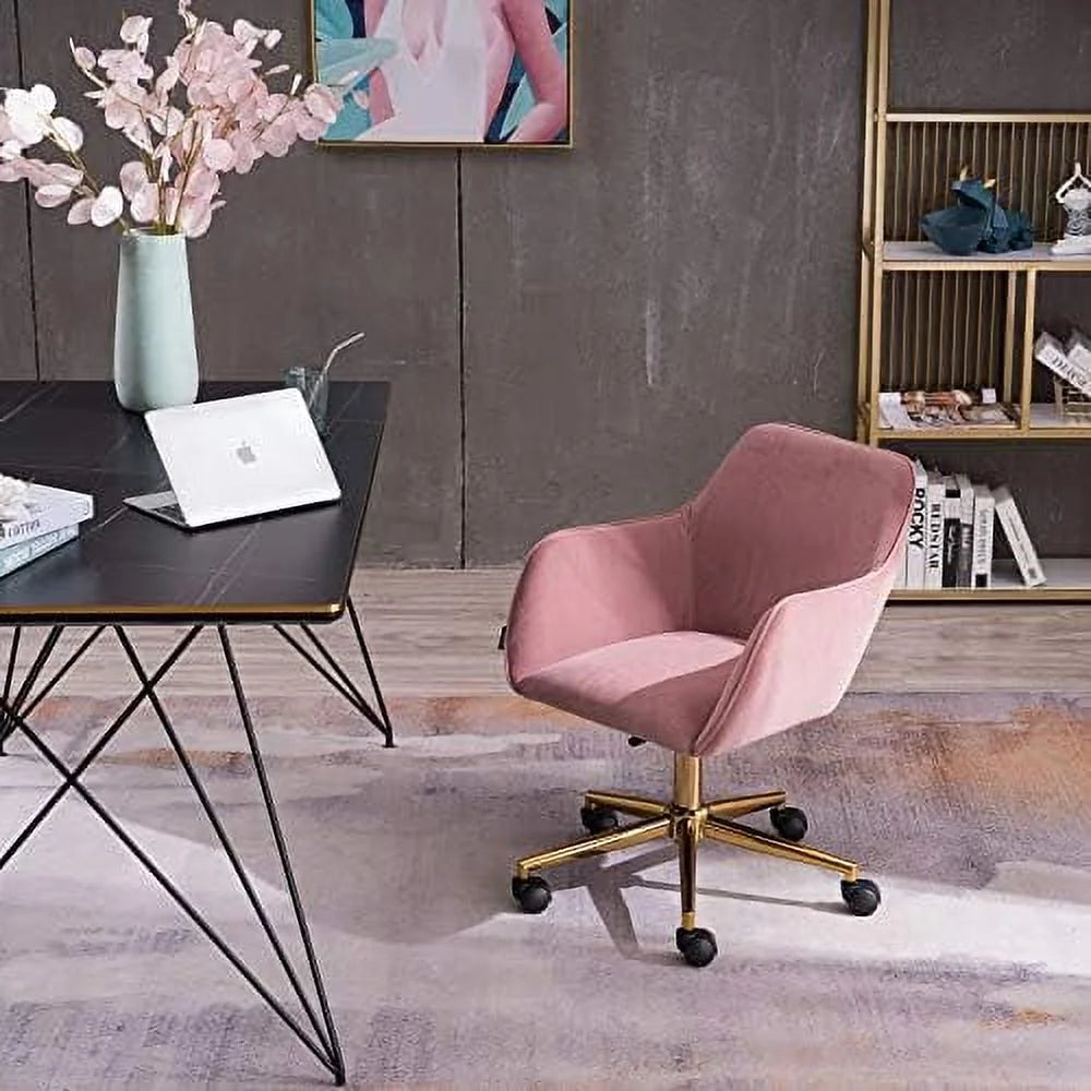 Pink Velvet Fabric Office Chair with Gold Metal Legs B3655