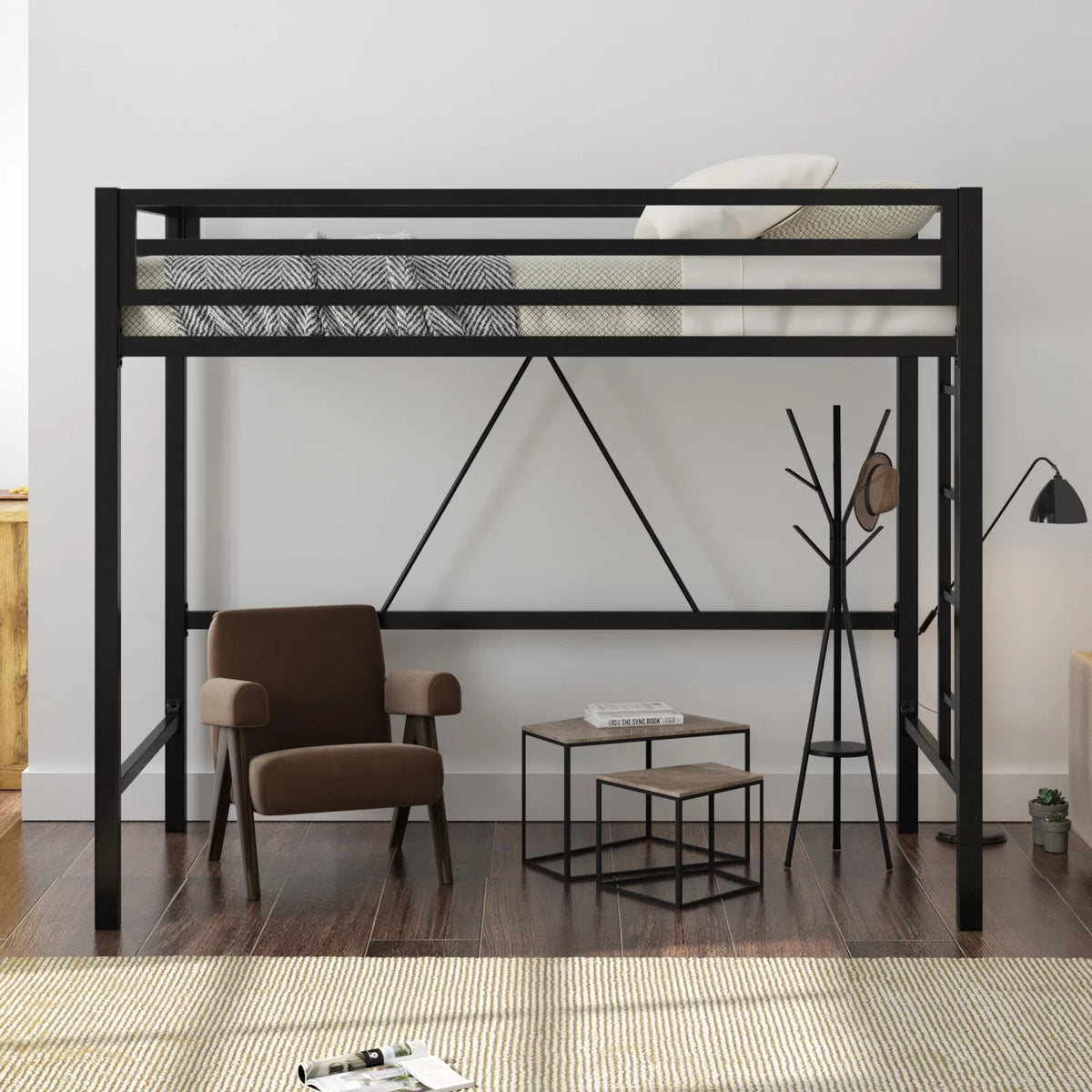 Twin Size Loft Bed Frame with Guardrail and Stairs H673938