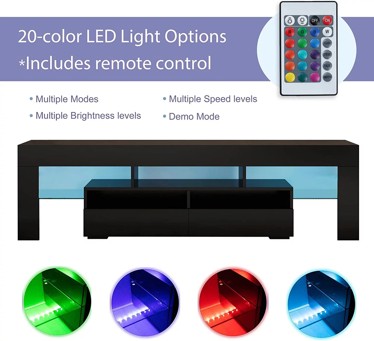 Black LED Light TV Stand with Drawer and Glass Shelf T391057