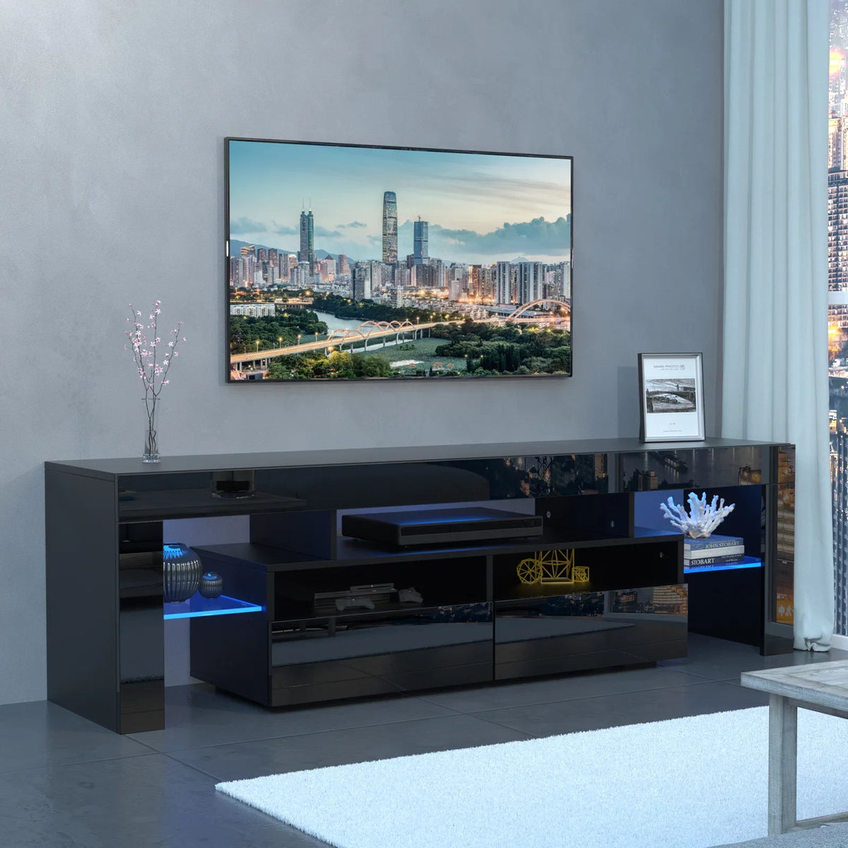 Black LED Light TV Stand with Drawer and Glass Shelf T391057