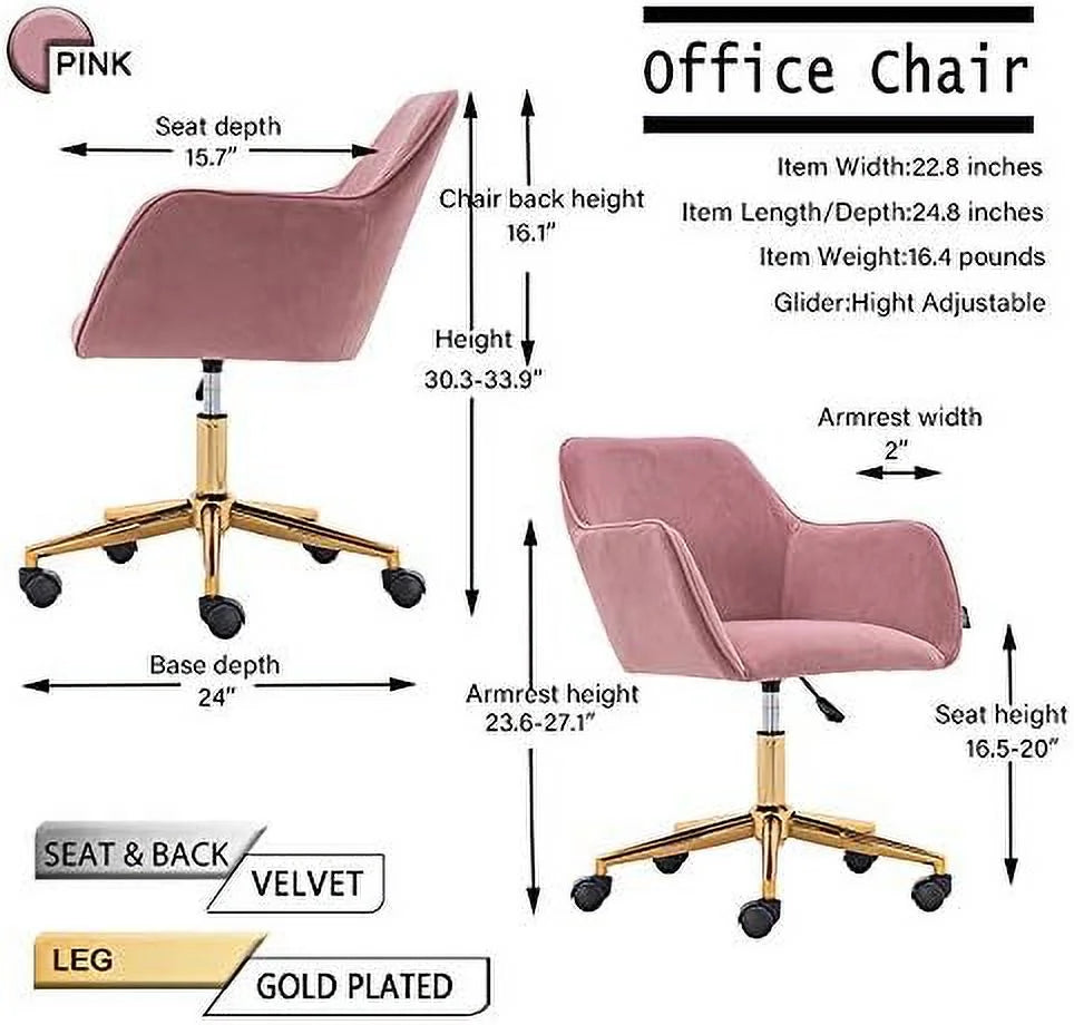 Pink Velvet Fabric Office Chair with Gold Metal Legs B3655