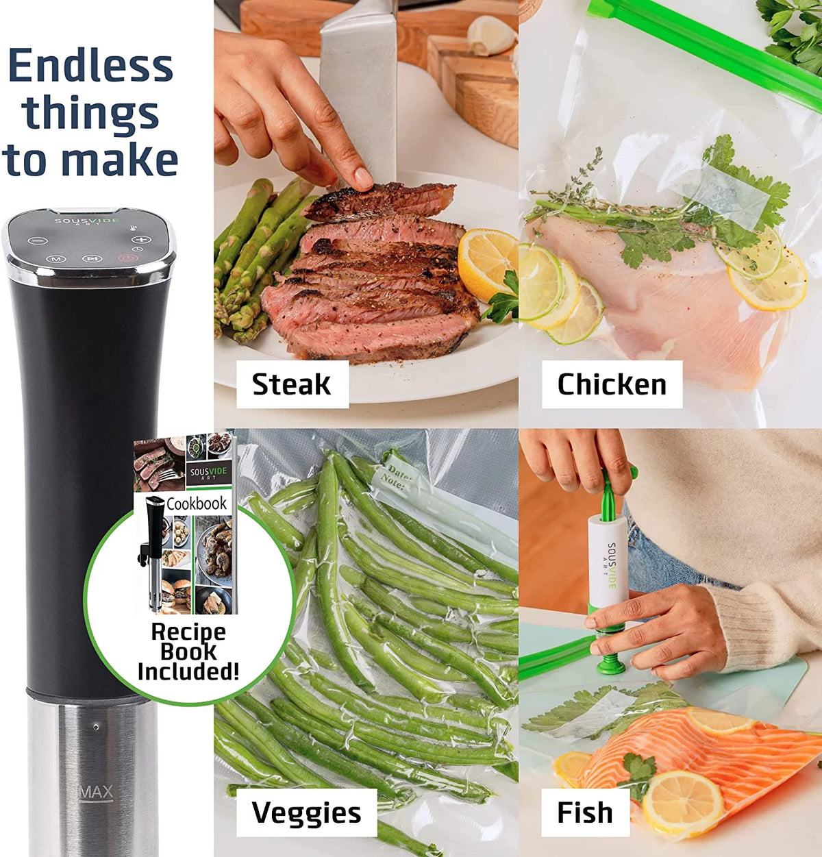 Sous Vide Machine 800W with Digital Timer, 30 Bags, Clips, Vacuum Pump, Cookbook J182
