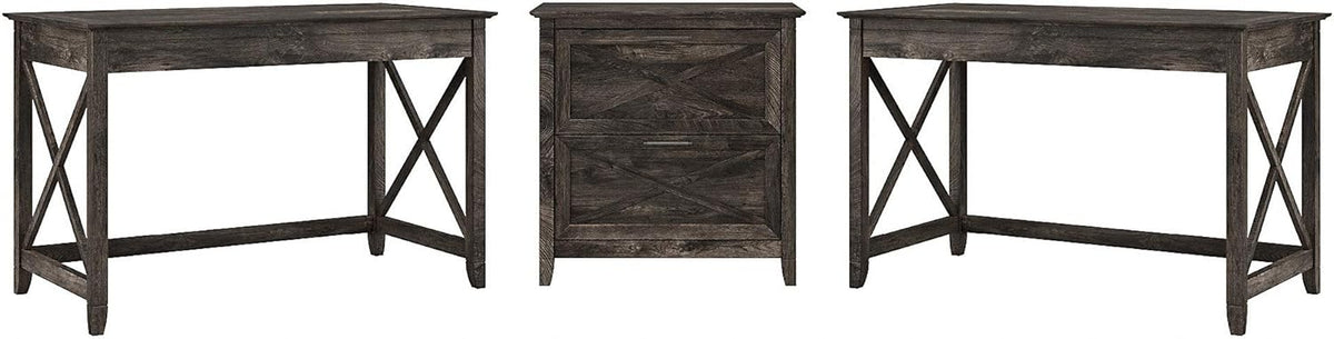 2 Person Desk Set with Lateral File Cabinet, Linen White Oak I508914