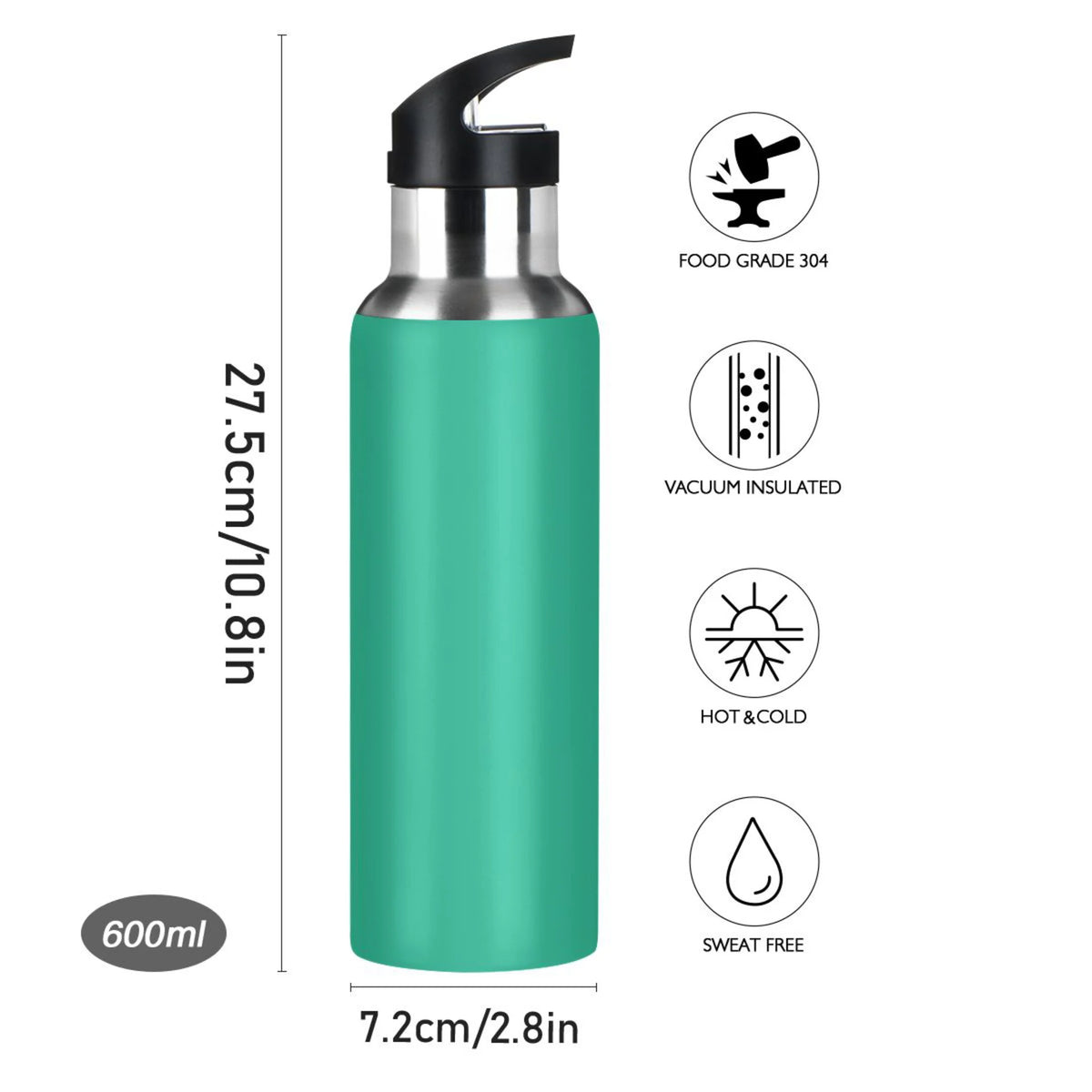 Green Solid 20 OZ Stainless Steel Vacuum Insulated Water Bottle with Straw Lid J545332