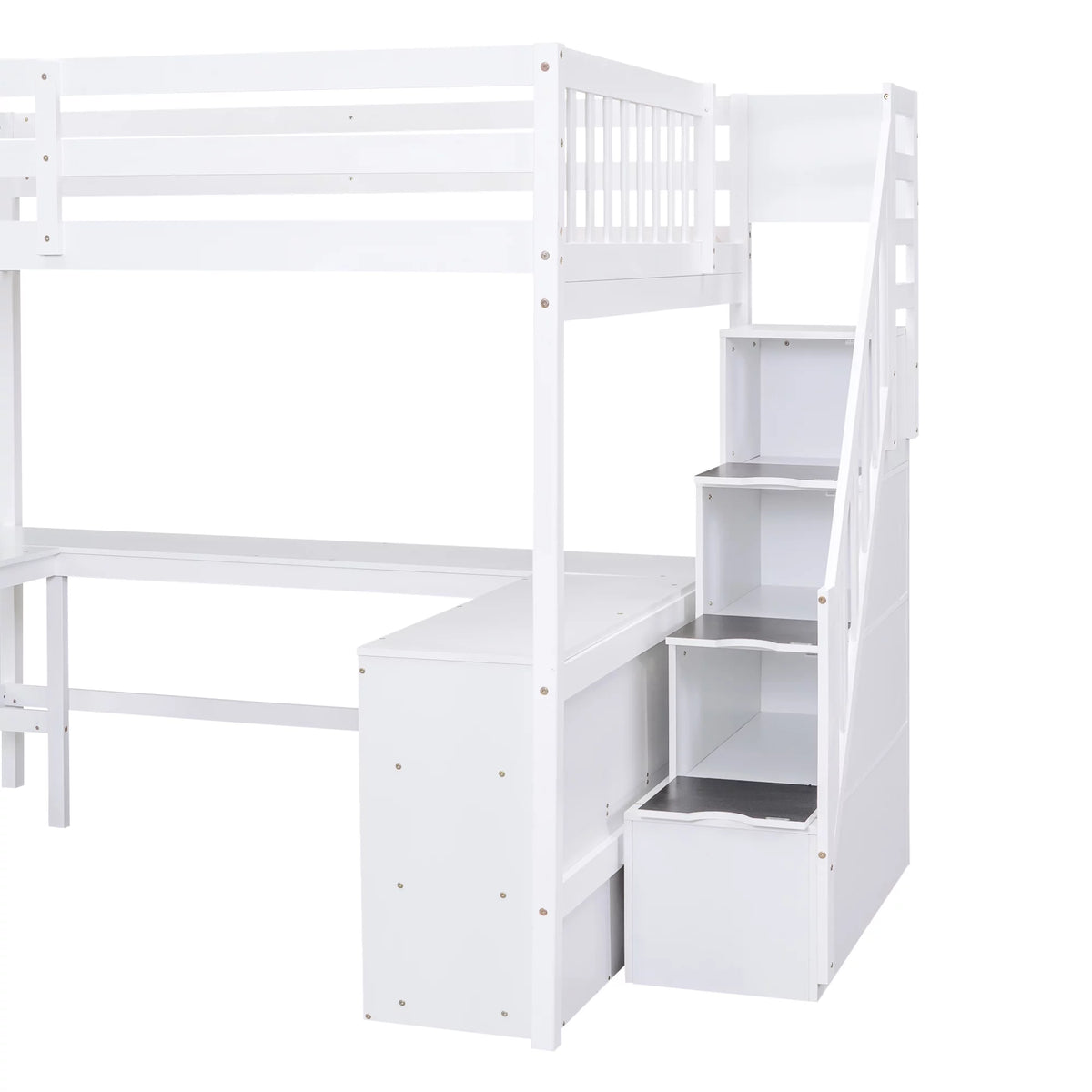 White Wood Full Size Loft Bed with Desk and Storage Staircase L5927