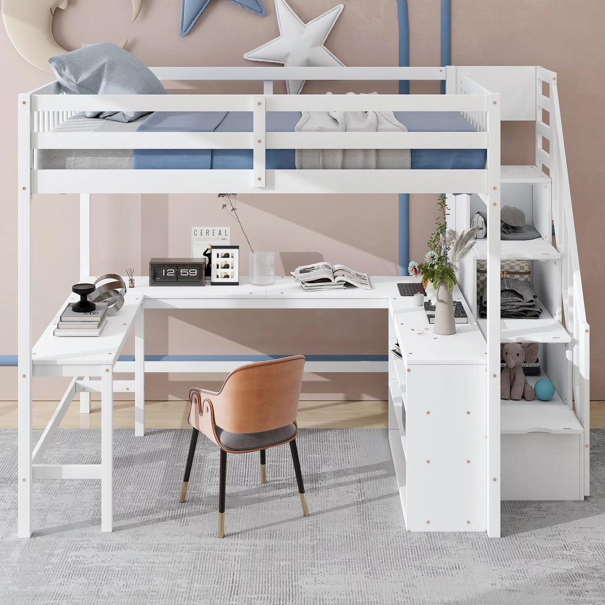 White Wood Full Size Loft Bed with Desk and Storage Staircase L5927
