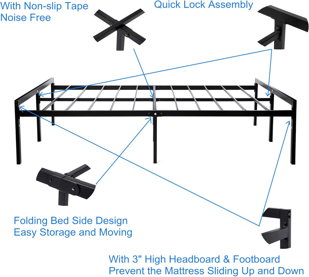 16 Inch Black Metal Platform Bed Frame with Headboard and Footboard California King Y191031
