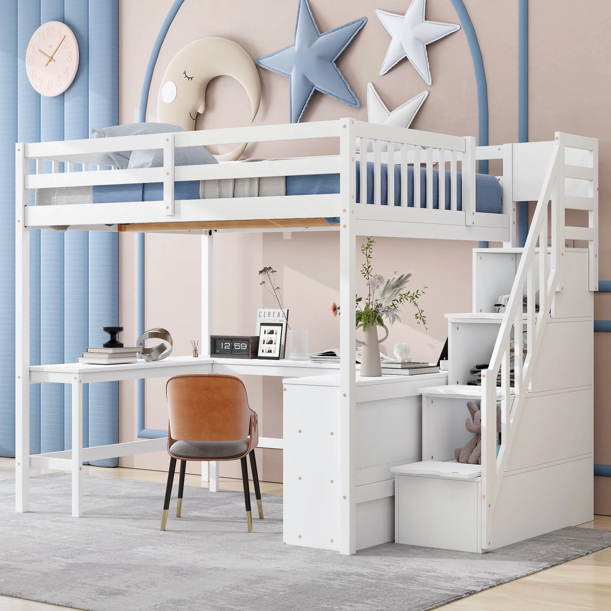 White Wood Full Size Loft Bed with Desk and Storage Staircase L5927