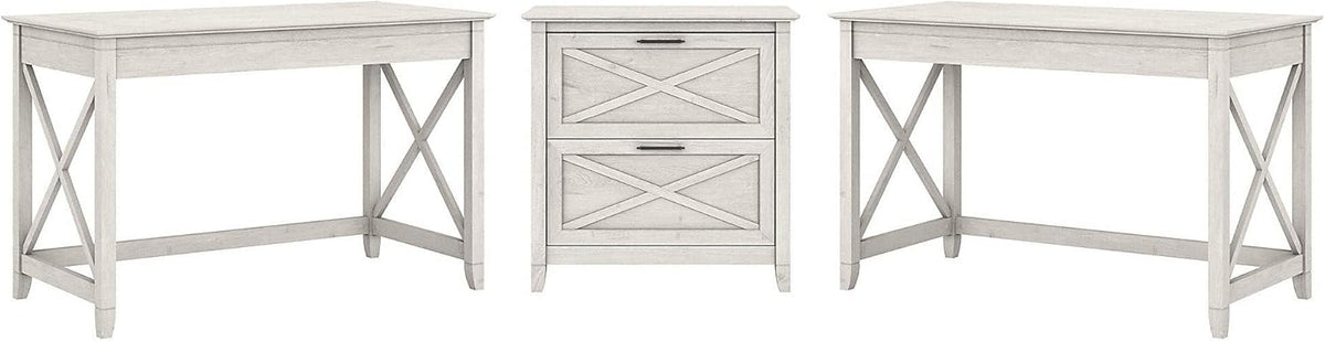 2 Person Desk Set with Lateral File Cabinet, Linen White Oak I508914