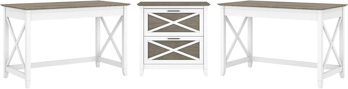 2 Person Desk Set with Lateral File Cabinet, Linen White Oak I508914