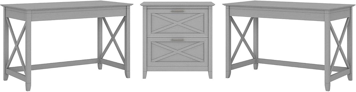 2 Person Desk Set with Lateral File Cabinet, Linen White Oak I508914