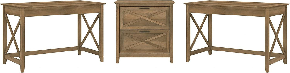2 Person Desk Set with Lateral File Cabinet, Linen White Oak I508914