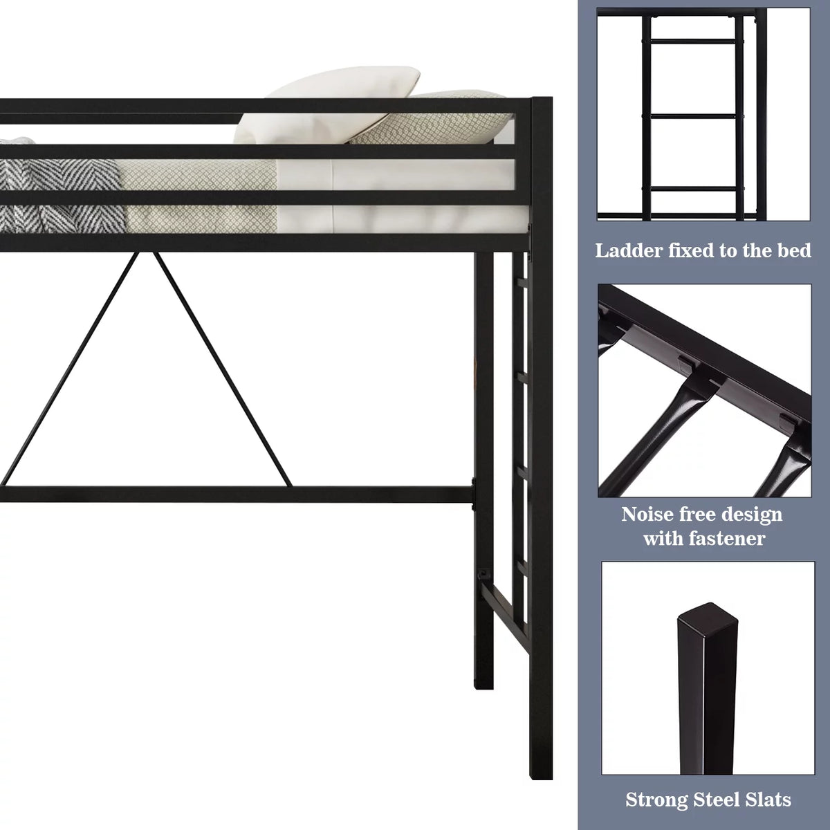 Twin Size Loft Bed Frame with Guardrail and Stairs H673938