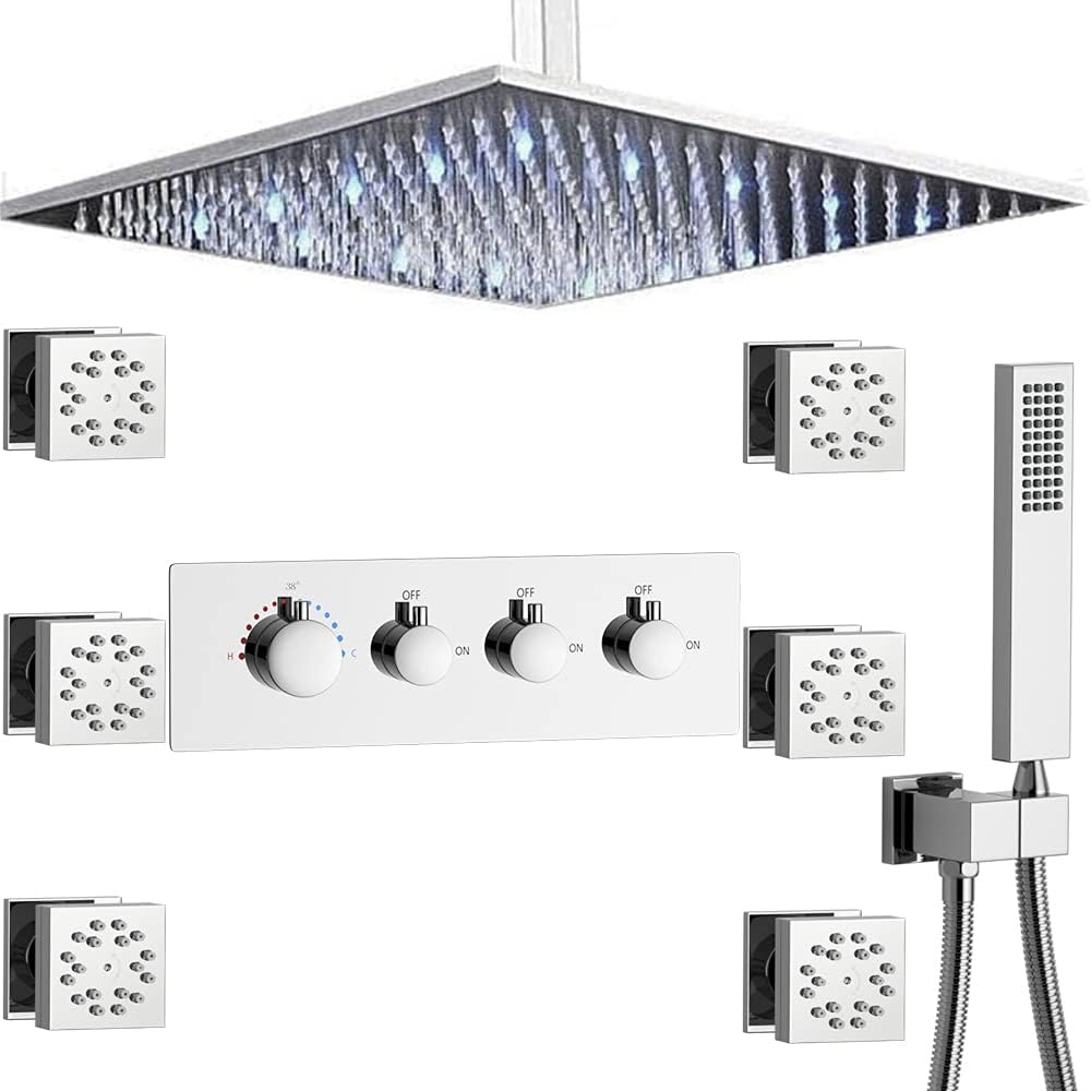 16 Inch LED Rain Shower System with Body Jets, Polished Chrome Brass Ceiling Mounted Shower Faucet Combo U1029