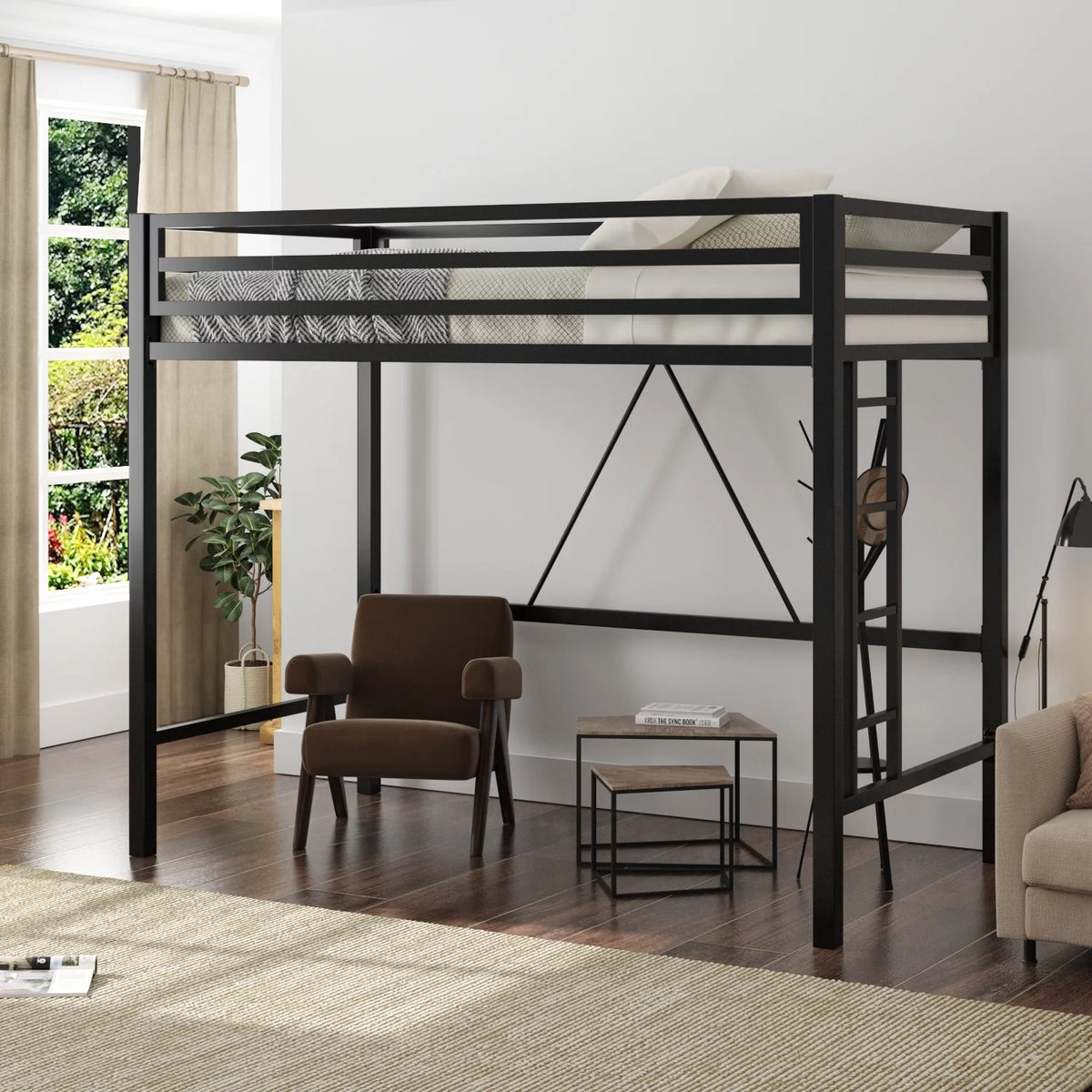 Twin Size Loft Bed Frame with Guardrail and Stairs H673938